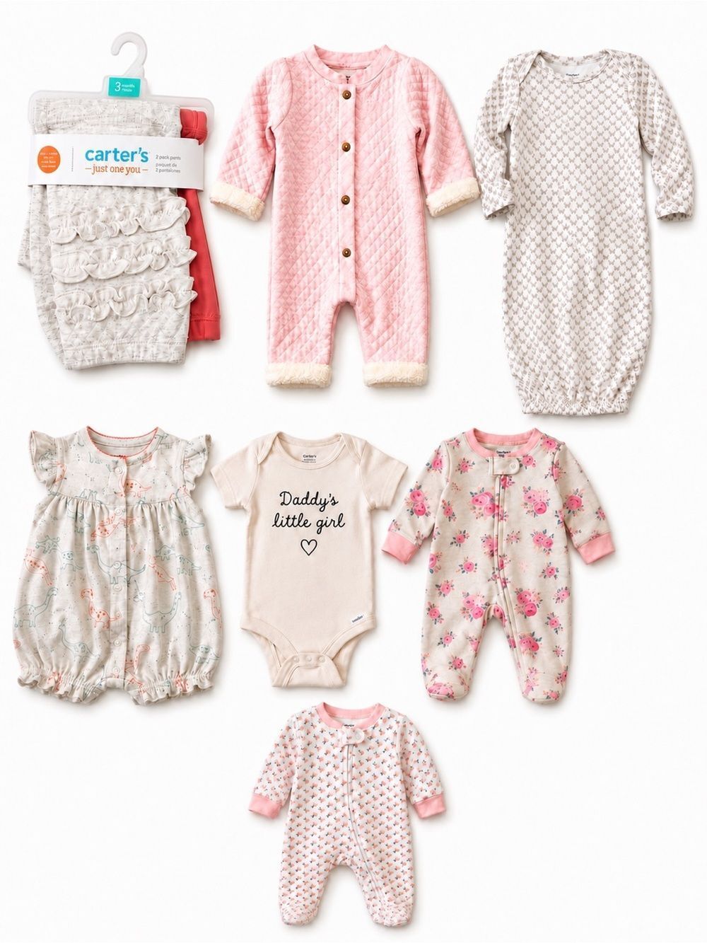 Lot of 7 Baby Girl Infant 0-3 Month Clothing/Onesies/Sleepers/Pants Pink/White